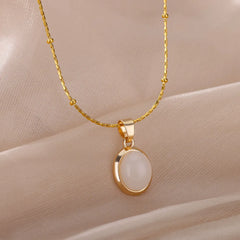 Fashion Stone Opal Oval Necklace For Women Stainless Steel Gold Color Oval Stone