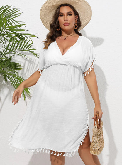 plus size  women's new beach resort bikini cover up with tassel patchwork deep V waist up dress