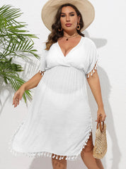 plus size  women's beach resort bikini cover up with tassel patchwork deep