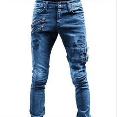 Zipper Decoration Slim Fit Biker Jeans Men Cotton Stretchy Ripped Skinny Jeans