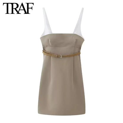 TRAF Women Fashion Summer New Sexy Sleeveless Contrast Backless Sling U-Neck Birthday Party Dress Chic Female Evening Mujer