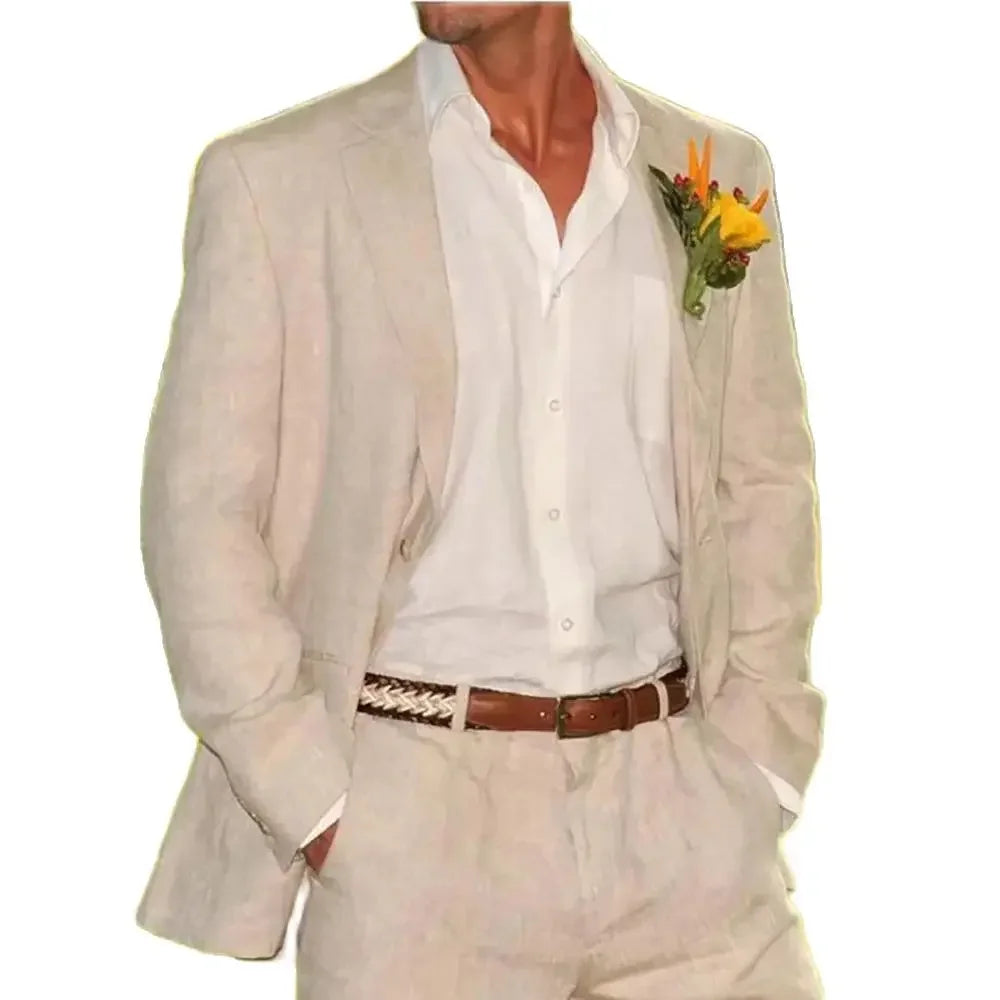 Wedding Linen Beige Single Breasted Notch Lapel Men Suits Casual