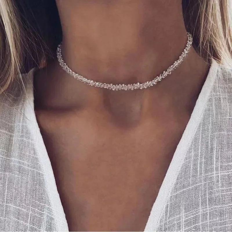 Mulit-cut Glass Crystal Irregular Beaded Choker Necklace for Women Transparent Vintage Collarbone Collar Neck Fashion Jewelry