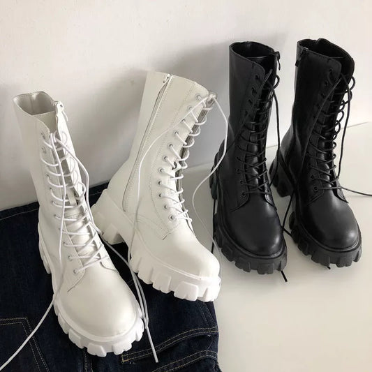 New Mid Calf Boots Women Autumn Winter Fashion Lace-up Ladies Chelsea Zipper Botas Mujer Boots Sports Platform Heel Ladies Shoes