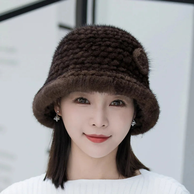 Woman Hat Winter Solid Mink Caps With Flower Natural Mink Fur Hats New Russian Girl Soft Knitting Real Fur Bucket Hats 2026 Warm