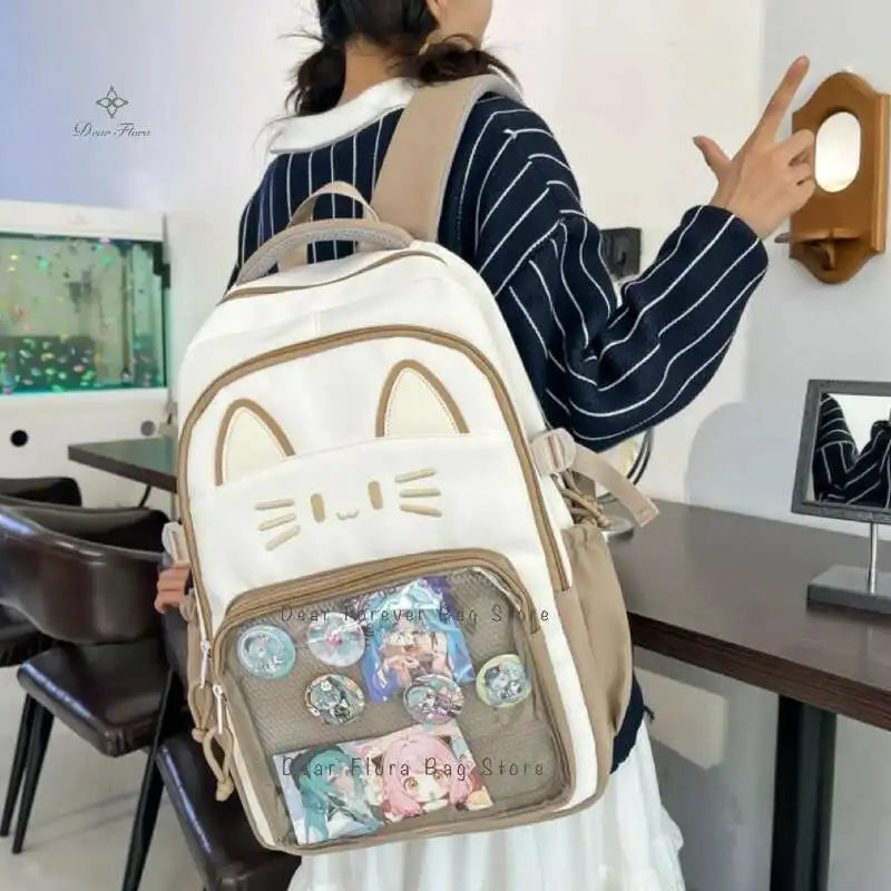 Y2K Cute Cat Ita Backpacks Large Capacity Knapsack Casual Girl Transparent DIY Display Rucksack Cartoon Trendy Travel Schoolbags