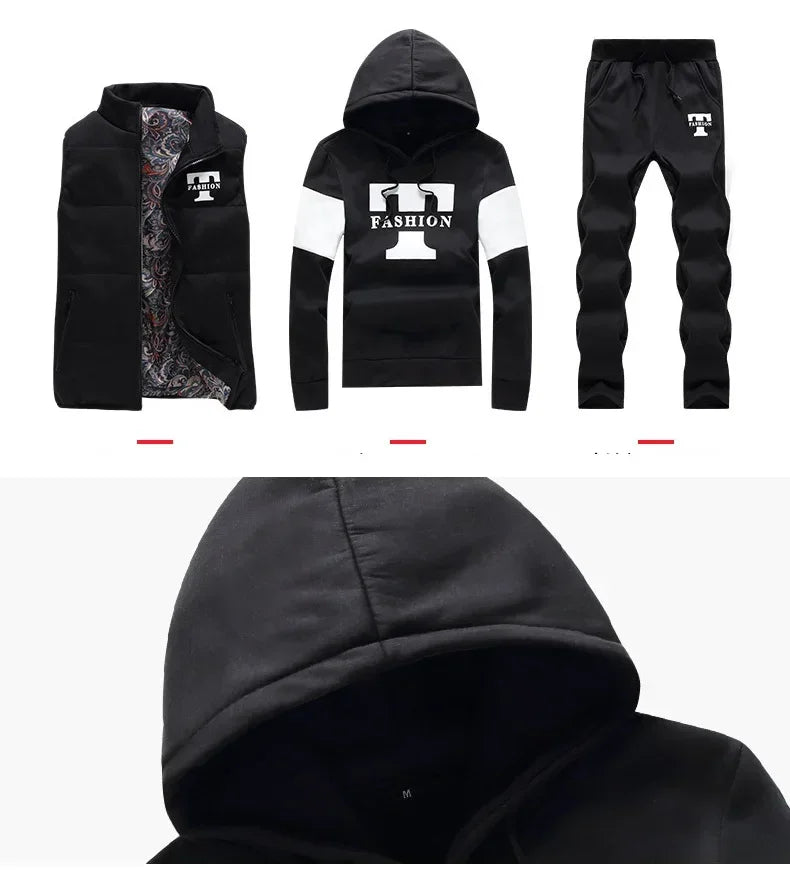 3 Pieces Set Hoodies+Vest+Pants Casual Track Suit Clothing Coats Winter Thick Warm Tracksuit for Couple Printed Mens Set Vest