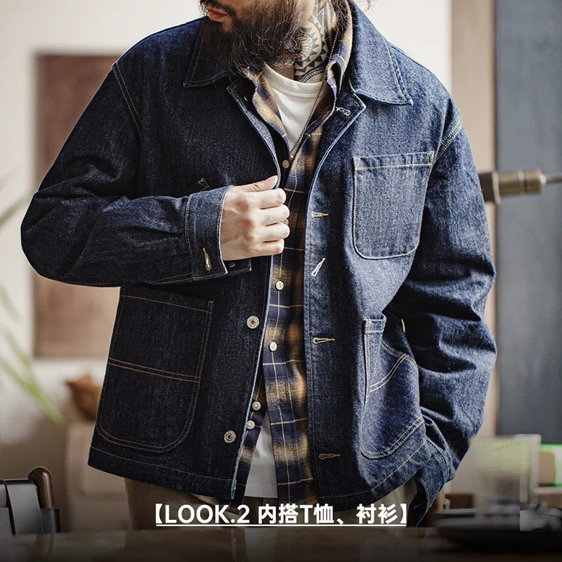 Japanese Vintage 4-Pockets Denim Jacket Lapel Amekaji Multi Pocket Jeans