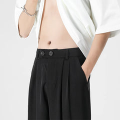 Men Pants Pleated Stretch Waist Casual Baggy Long Trousers Black Beige Fashion