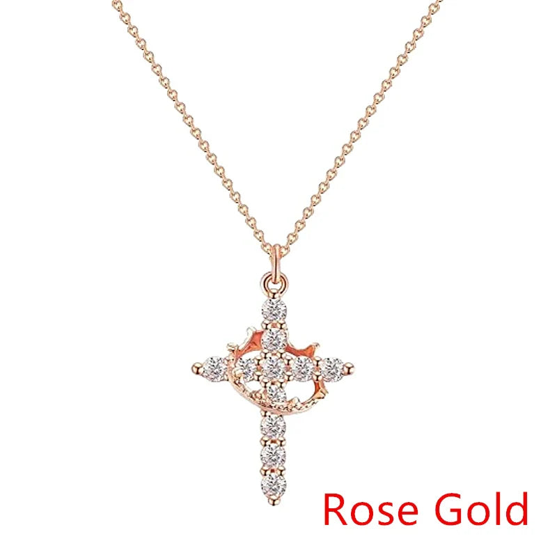 Rotatable Crown Rhinestone Cross Choker Necklace Earrings Rings for Women Minimalist Cross Chain Christian Jewelry Prayer Gift