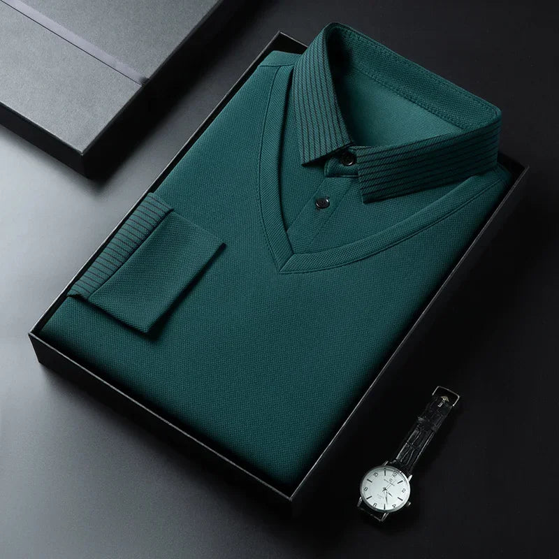 2025 New Men's Casual and Fashionable Long Sleeved Solid Color Fake Two-piece Polo Shirt Business All Season Versatile Top