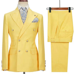 Blazer Hombre Yellow Suits for Men Chic Terno Double Breasted Peak Lapel Elegant Wedding Full Set Male 2 Piece Jacket Pants 2024