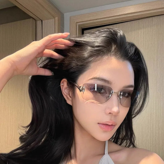 Y2K Vintage Rimless Square Sunglasses Women For Men Luxury Brand Designer Sun Glasses Punk Popular Hip Hop Rivet Star Shades UV