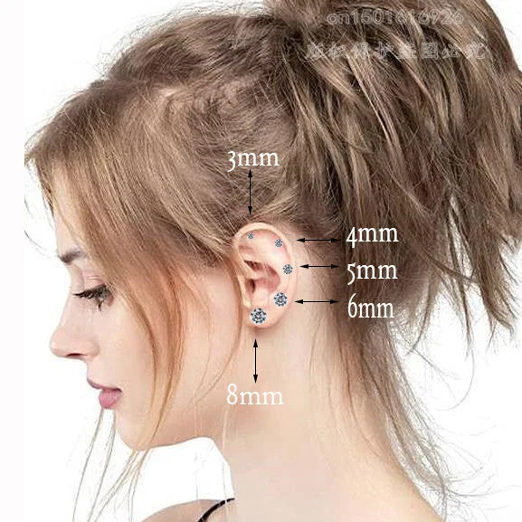 Stainless Steel 5 Style CZ Zircon Silver Color Earrings For Women Men Crystal Screw Titanium Alloy Ear Studs Round Beads Jewelry