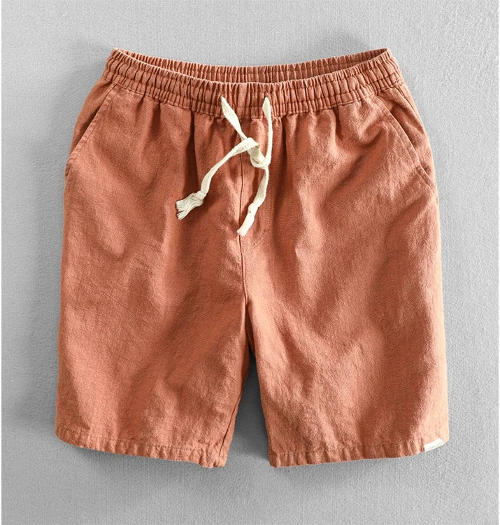 Schinteon Summer Men Casual Cotton Linen Shorts Knee Length Beach Elastic Waist Shorts Solid Color Comfortable Pants New
