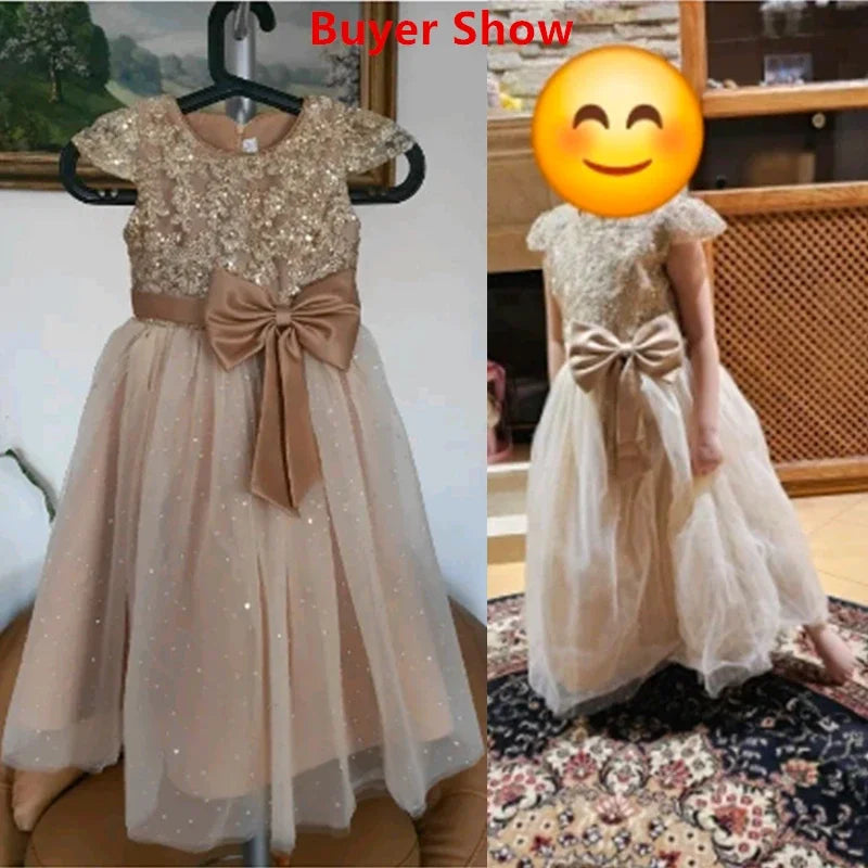 Embroidery Elegant Kids Dresses for Girls Wedding Children Bow Bridesmaid Prom Long Gown Princess Birthday Party Vestidos 3-10 Y