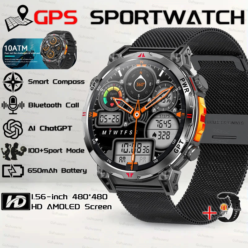 2025New Military GPS Sport Smartwatch Men 650mAh AMOLED Screen Compass Altimeter 10ATM Waterproof Heart Rate Wireless Call Clock