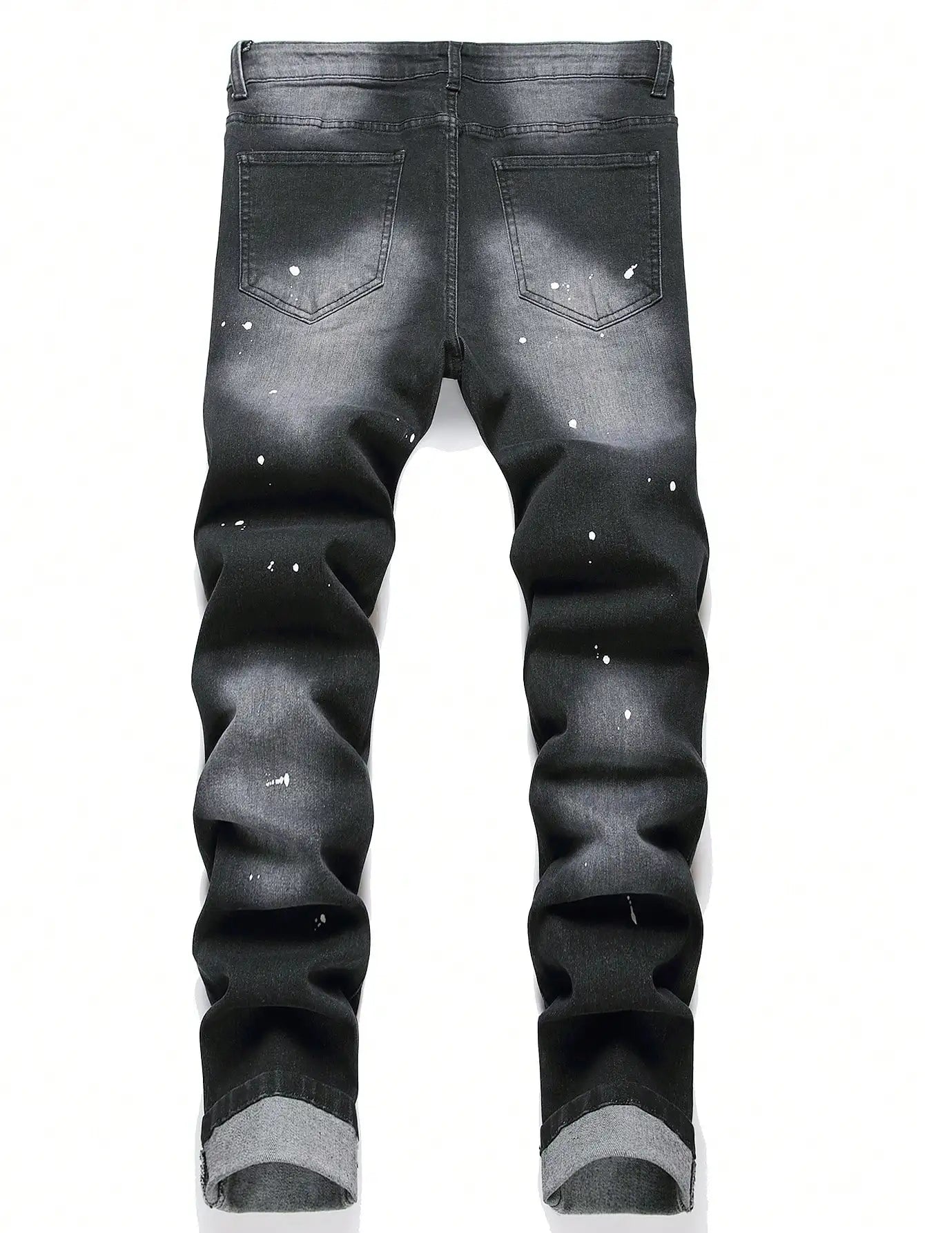 Men Cracked Blue Pleated Patch Biker Jeans Streetwear Holes Ripped Distressed
