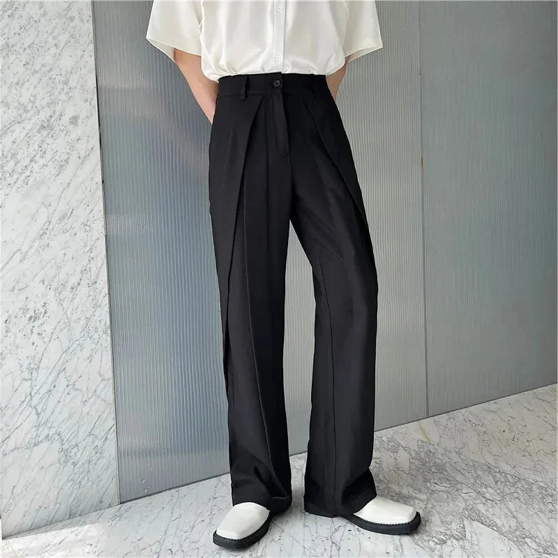 Fashion Pleat Design Casual Pants Men's Solid Color Straight Loose Spring
