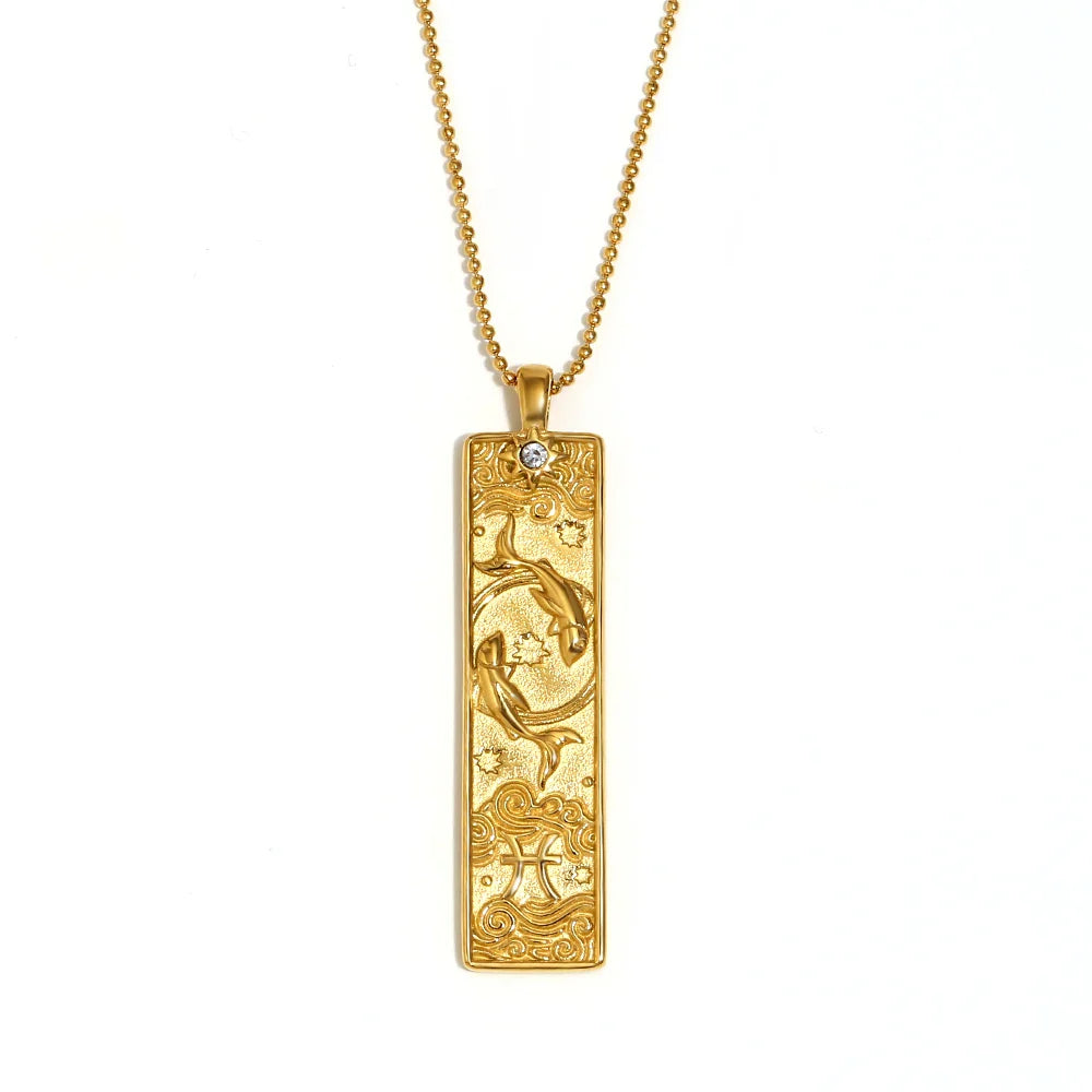 E.B.belle 18k Gold Plated Rectangle Shape 12 Constellation Pendant Necklace Stainless Steel Waterproof Fashion Women's Jewelry