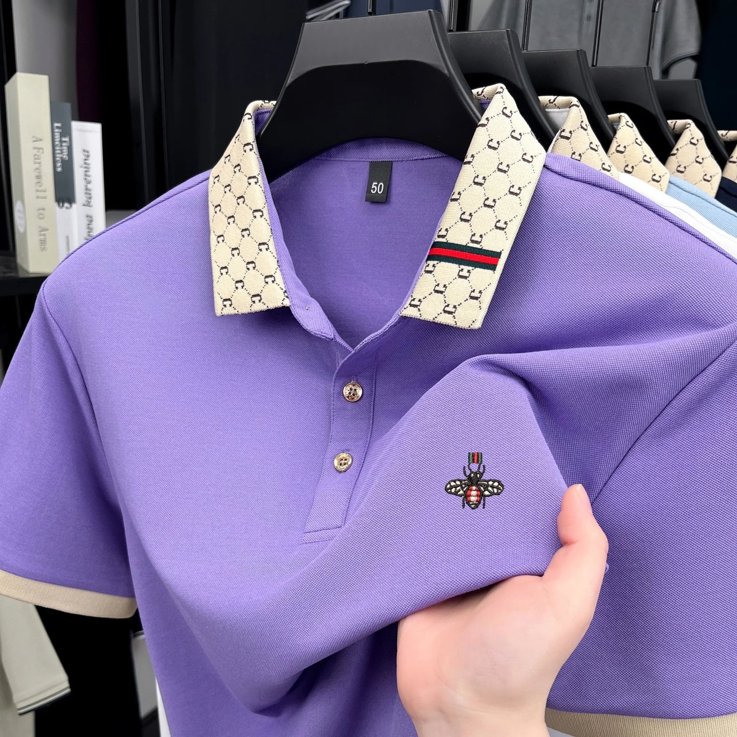 Personality letter jacquard lapel short sleeve T-shirt men high-end brand Little Bee embroidery fashion trend summer polo shirt