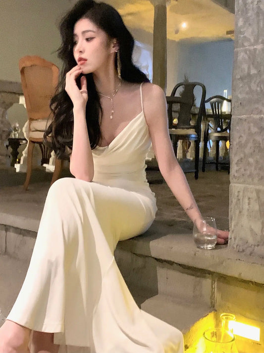 Evening Dresses: Women Elegant Spaghetti Strap Long Dress French Style Slim