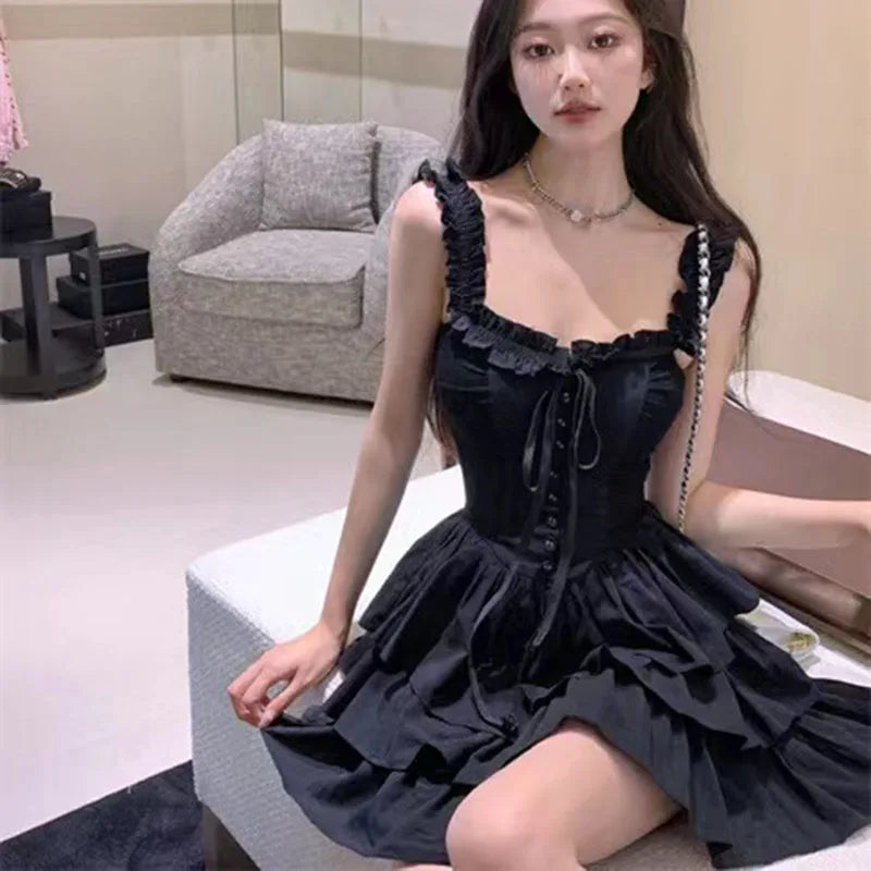 Gothic Black Sexy Slip Dress Y2K Harajuku Streetwear Punk Lace Up Cake Dress Female Summer Korean Fashion Party Ruffles Dresses