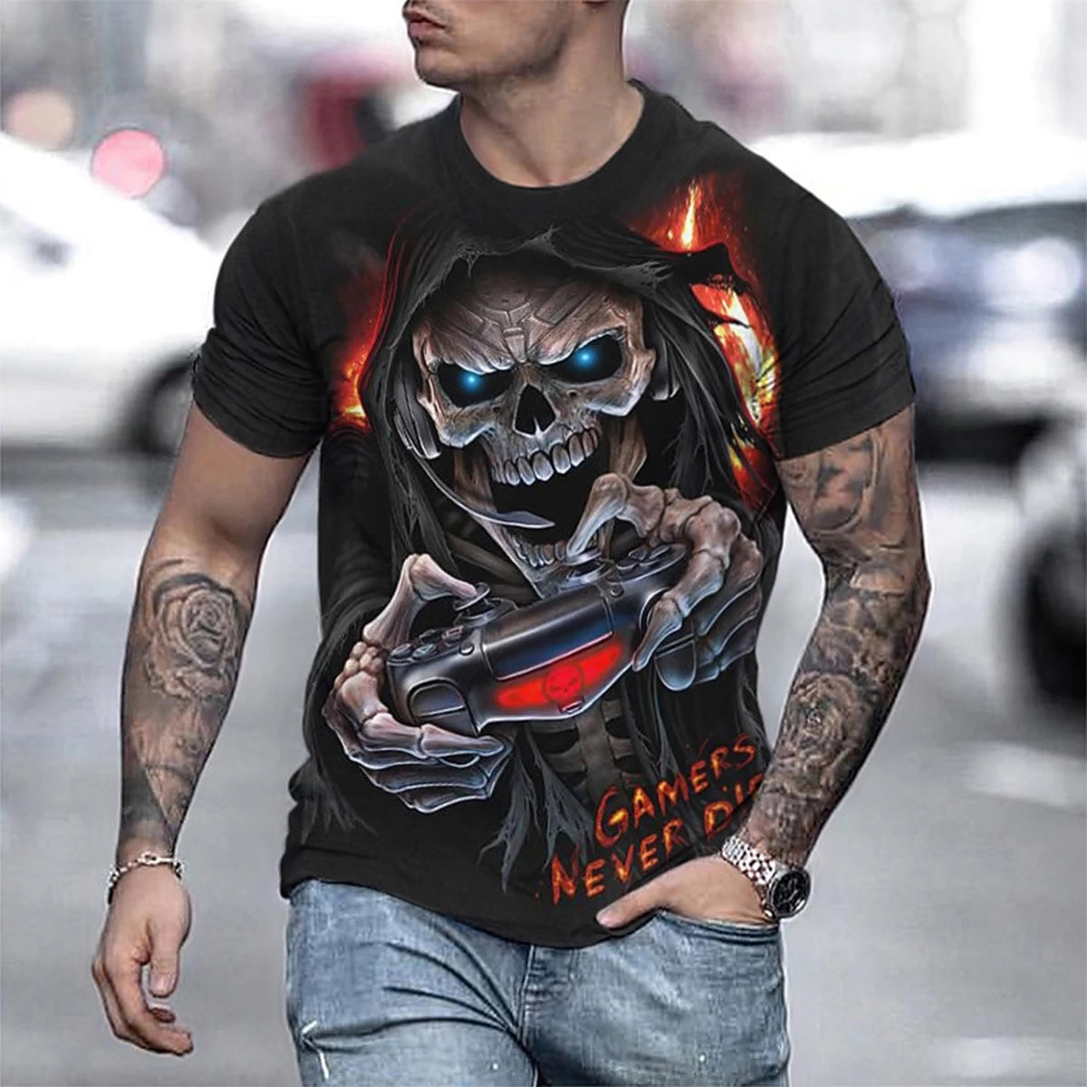 Men's Black Street Style T-shirt 3D Gothic Skull Printed Round Neck Short Sleeve Halloween Fashion Casual Top
