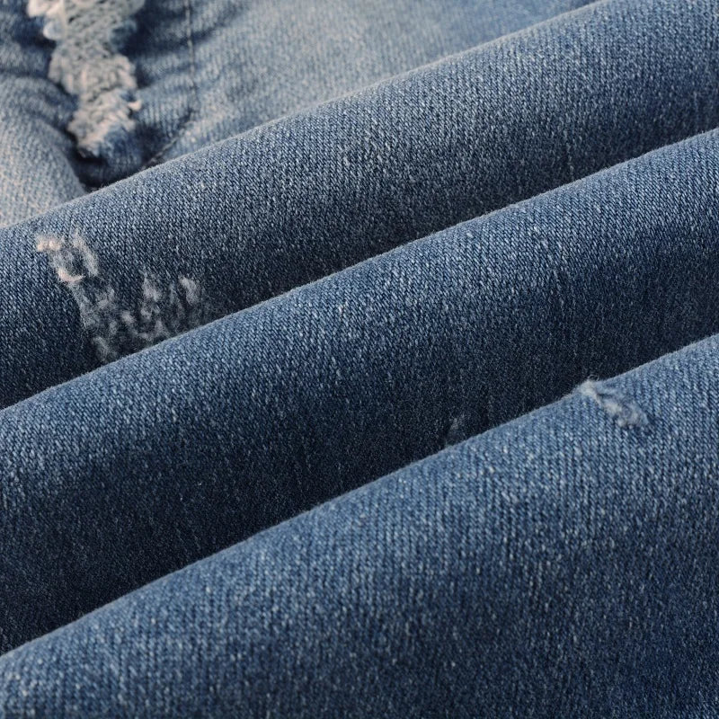 Men Stretch Denim Biker Jeans Classic Blue Pleated Patch Patchwork Ripped Pants