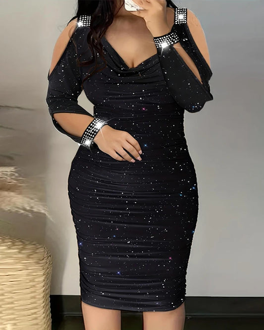 Plus Size Rhinestone Cold Shoulder Party Dress