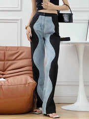 Women's Jeans High Waist Black Blue Wave Spliced Straight Tube Wide Leg Denim