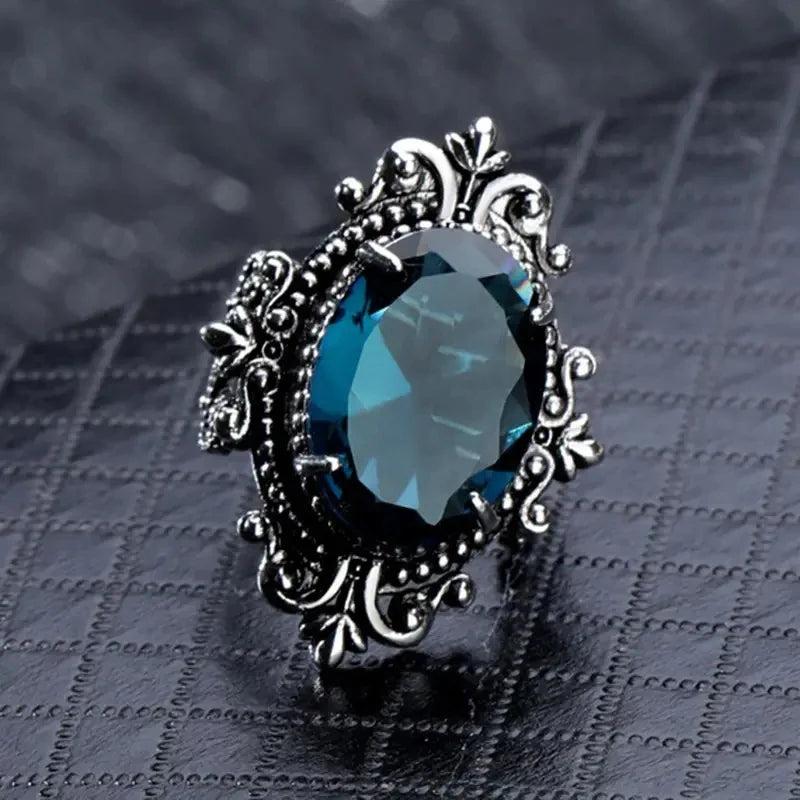 Pattern Vintage Women Rings with Oval Blue CZ Stone Retro Female Rings for Party