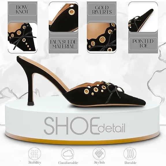 Women Bow Tie Heeled Mules Studs Pumps Pointy Kitten Heel Dress Heels Pointed Toe Dress Trendy Elegant Office Lady Shoes 2024