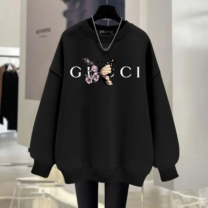 Women's O-Neck Hoodie Letter Printed Loose Long Sleeved Sweatshirt Woman Vintage