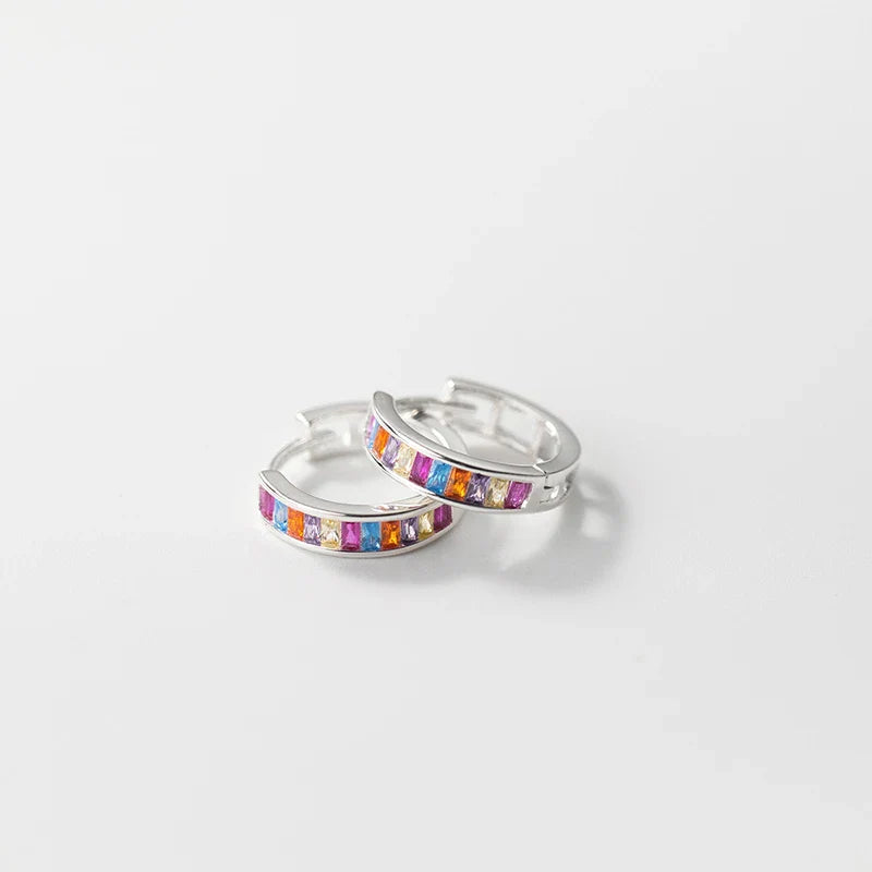 WANTME 925 Sterling Silver Fashion European Colored Zircon Circle Huggies Hoop Earrings for Women Elegant Gold Wedding Jewelry