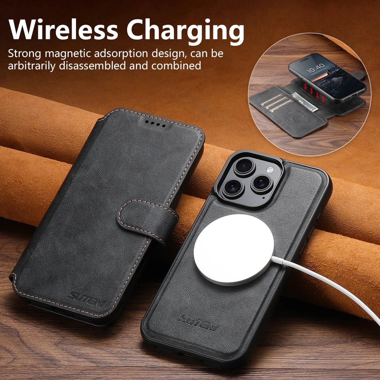 PU Leather Wireless Charging Card Holder Stand Wallet Magnetic Flip Cover Phone Case For iPhone 17 Pro Max 16 Plus 15 14 13 12