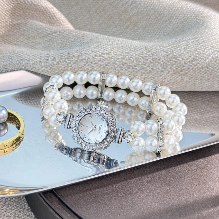 New Elegant Pearl Diamond-Encrusted Elastic Band Watch Vintage Luxury Bracelet Style Convenient for Ladies Quartz Wristwatch