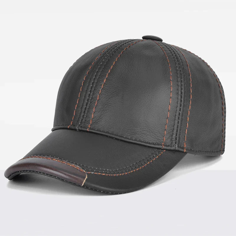Men Real Cowhide Leather Earlap Caps Male Fall Winter 100% Real Cow Leather Hats New Casual Real Leather Outdoor Baseball Cap