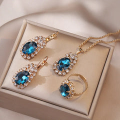 Blue Crystal Ring Necklace Earrings Set Wedding Jewelry Sets For Brides Pendant