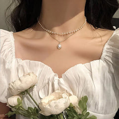 Fashion Kpop Pearl Choker Necklace Cute Double Layer Chain