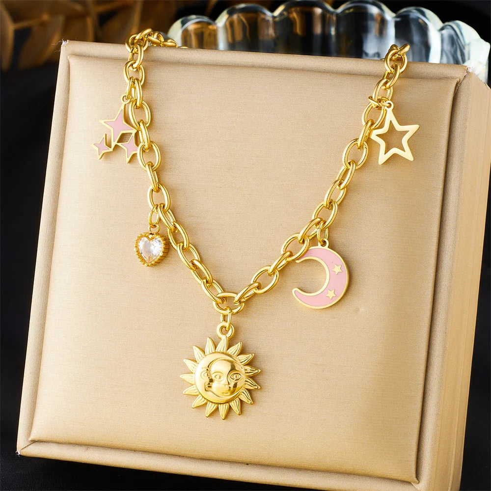 DIEYURO 316L Stainless Steel Golden Trendy Starfish Moon Sun Shaped Pendant Necklace For Women Romantic Neck Chain Holiday Gift