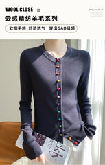 Women's 100% Merino Wool Sweater Round Collar Colorful Buckles Slim Fit Cardigan