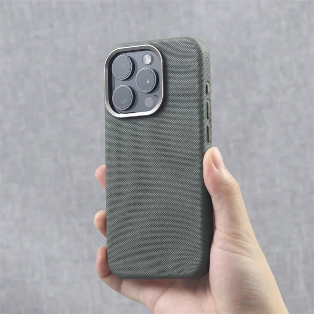 Luxury Alloy Lens Frame Particle PU Leather Magnetic Case For iPhone 17 16 Pro Max 15 14 13 For Magsafe Wireless Charging Cover