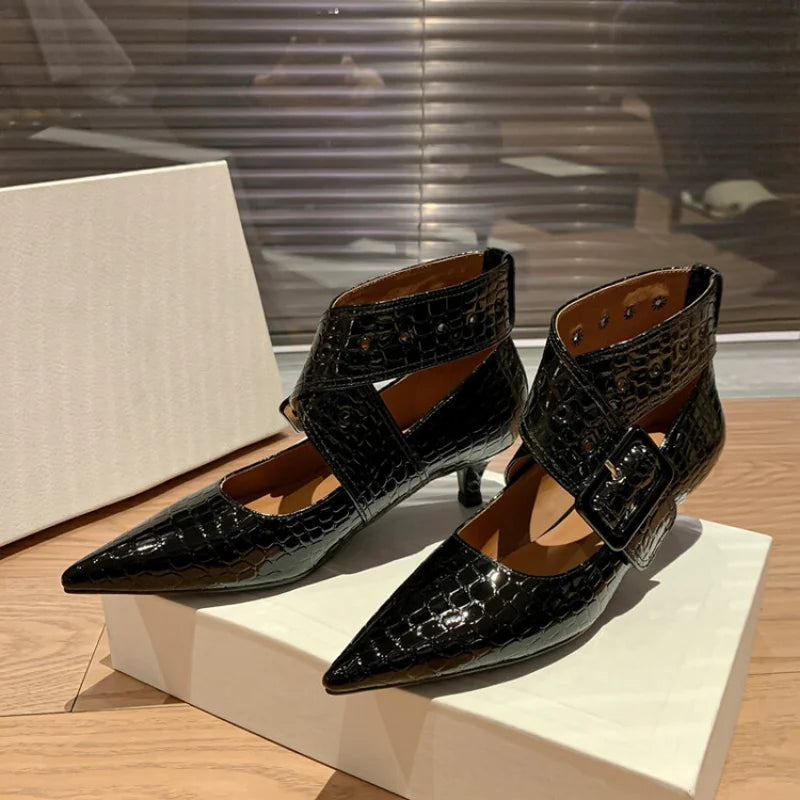 Real Leather Women Crocodile Thin Heeled Pumps Big Buckle