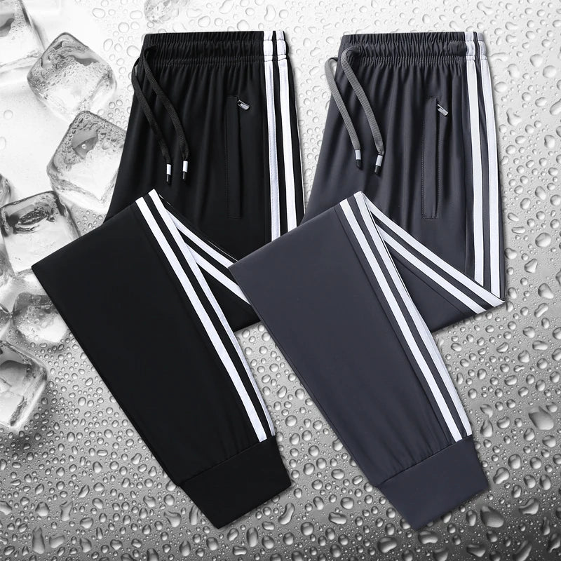 Plus Size Trousers M-8XL Ice Silk Three-bar Casual Pants Men's Loose Casual