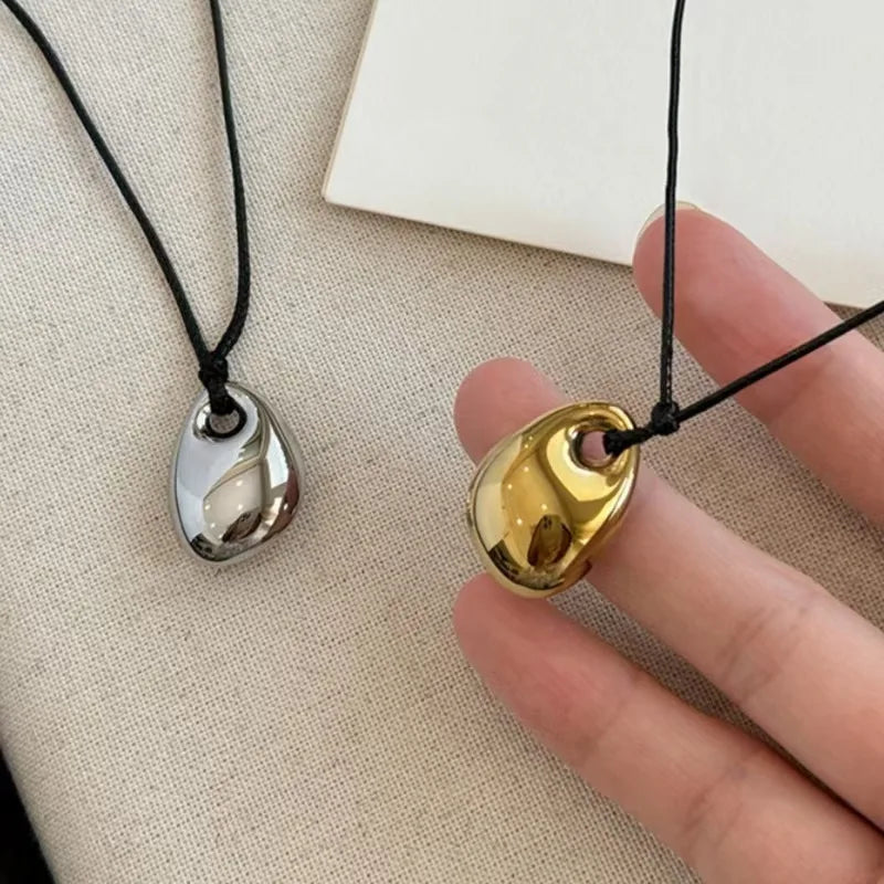 Vintage Irregular Punk Metal Bean Pendant Necklace for Women Adjustable Black Leather Rope Long Clavicle Chain Charm Jewerly