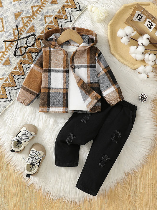 Baby boy autumn outfit casual style striped hooded jacket with ripped pants two-piece set for daily street wear