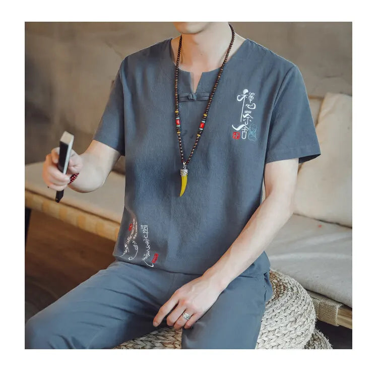 (Shirt + trousers) 2025 summer Chinese Style men shirt Cotton and linen shirts men's High quality casual shirts Two Piece M-5XL