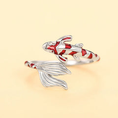 Huitan Creative Red Koi Design Opening Rings for Women Handmade Fish Rings Daily