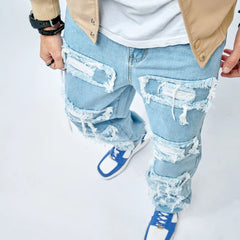 Men Ripped Patch Hip Hop Loose Jeans Pants Streetwear